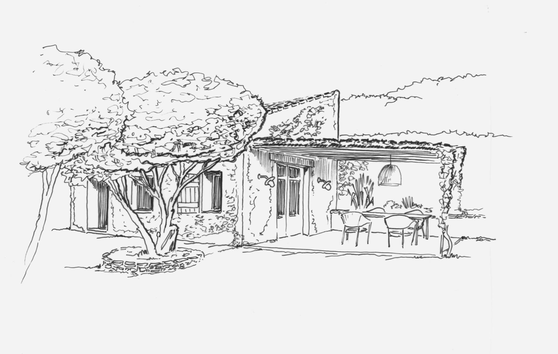 Croquis à l'encre du mazet et de sa terrasse sous la treille